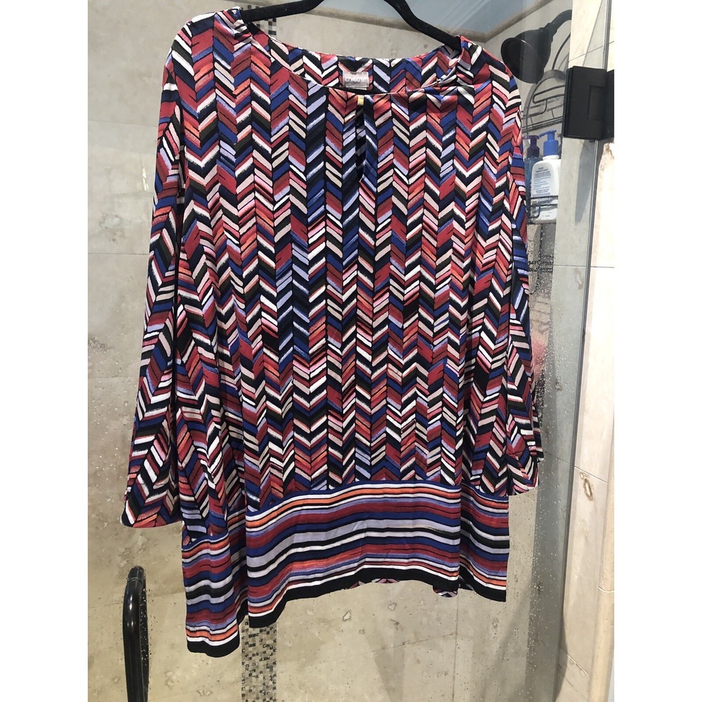 Chicos  Geometric Print Bell Sleeve Stretch Red Blue Tunic Size 4